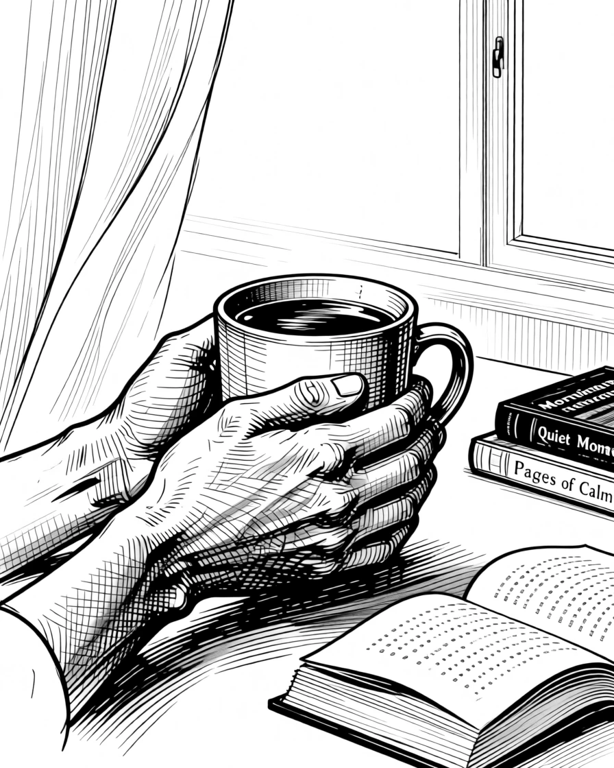 A pair of hands cupping a warm mug of coffee with a gentle breeze drifting through an open window, with a few scattered books left open mid-read, evoking a simply content sense of calm.