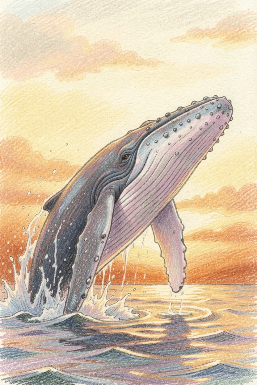 A humpback whale breaching against a golden sunset horizon, captured in a quiet, intimate moment full of atmosphere, capturing a quiet story that lingers with the viewer.