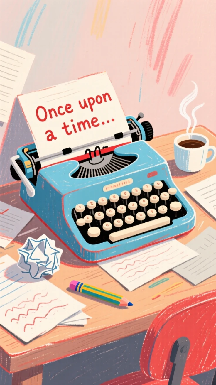 A vintage typewriter resting on a writer's cluttered desk.