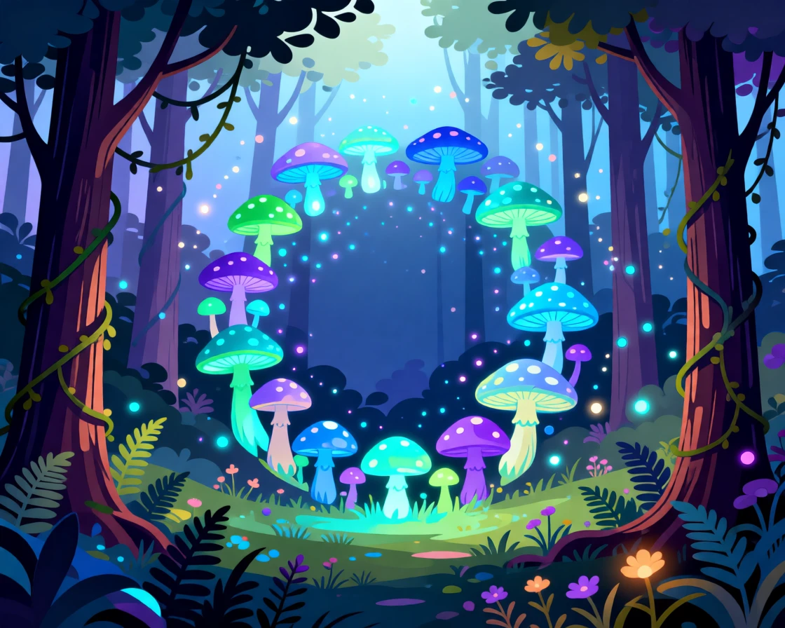 A magical forest clearing where glowing mushrooms form a perfect circle, surrounded by an enchanted forest alive with soft light, composed with layered depth creating a vast fantastical world, with subtle magical particles drifting through the air.