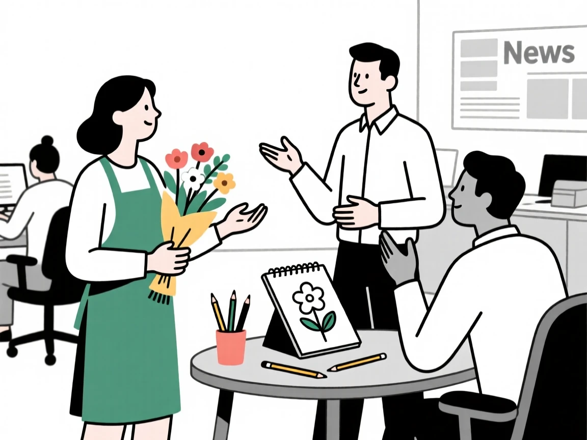 A florist collaborating with colleagues in a busy newsroom, near art supplies and sketches, full of creative problem-solving.