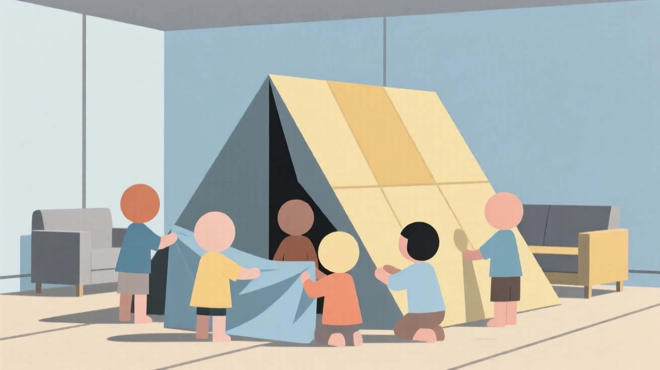 A group of kids building a blanket fort indoors