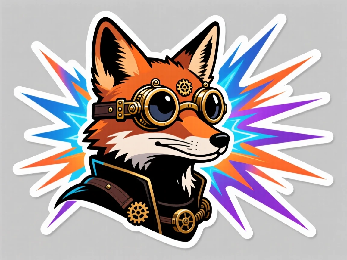 A confidently cool steampunk-style inventor fox with brass goggles, framed by a burst of colorful energy, in an epic imaginary universe.
