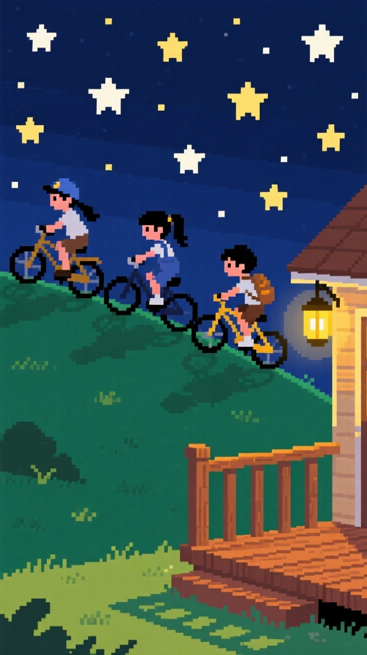 A group of kids riding bicycles down a hill set against a sky full of stars, on a porch during a warm summer night.