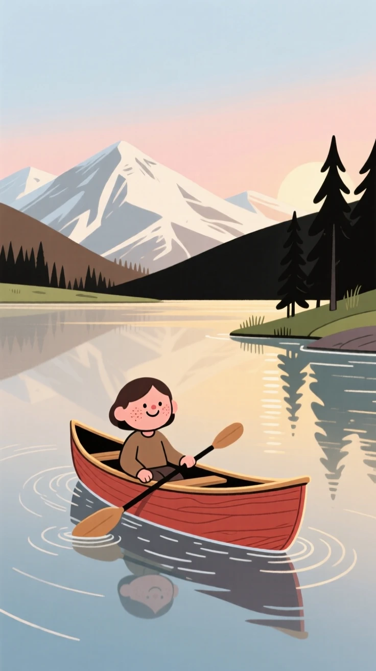 A lone canoe drifts across a glassy alpine lake as the first light of dawn stretches across the surface and snow-capped peaks rise in the distance.