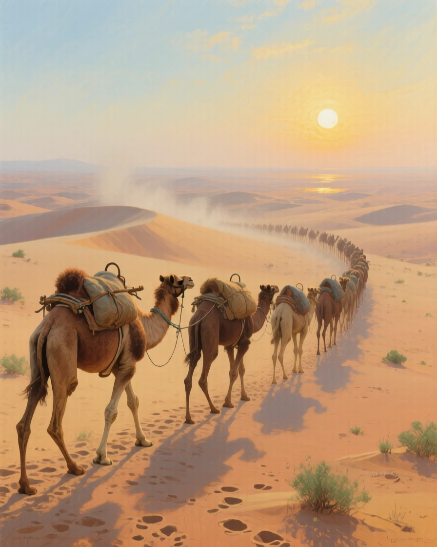 An expansive vista of a caravan of camels crossing a vast desert under a blazing sun, in late afternoon, at the start of a humid summer.