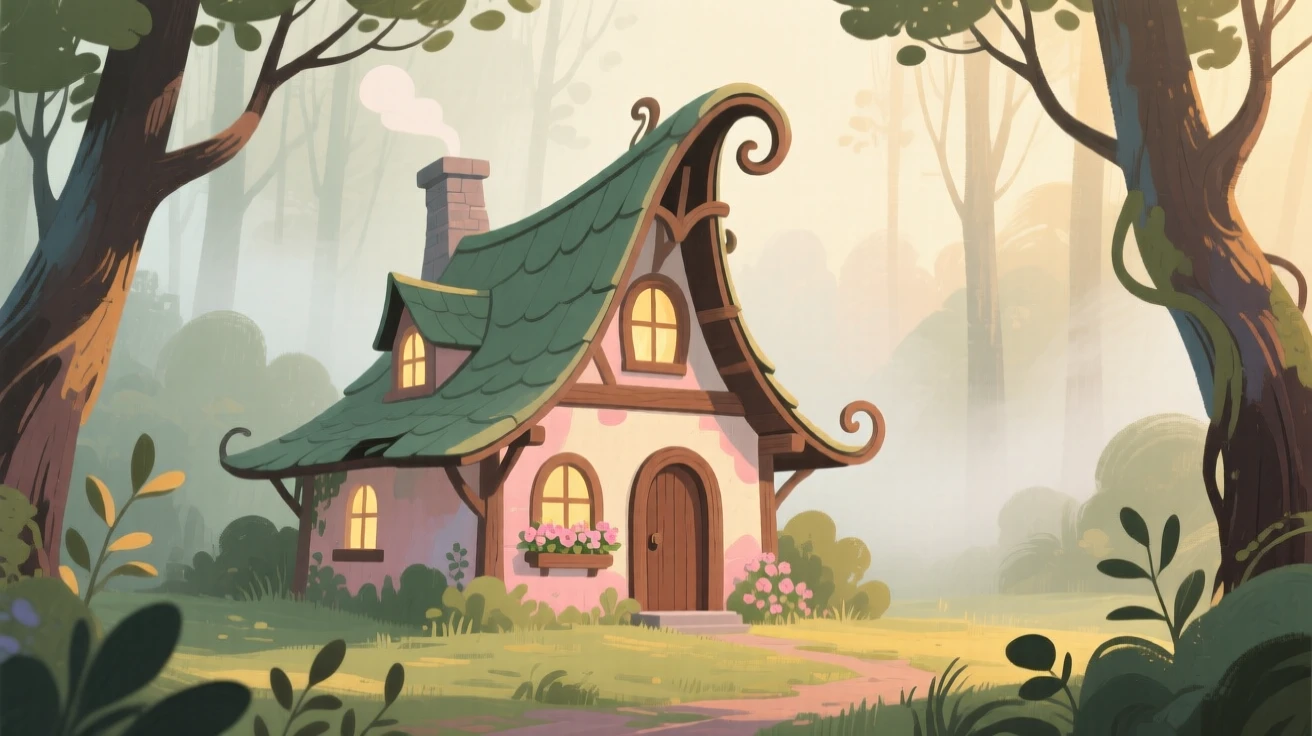 A witch's cottage with a crooked roof deep in a misty forest