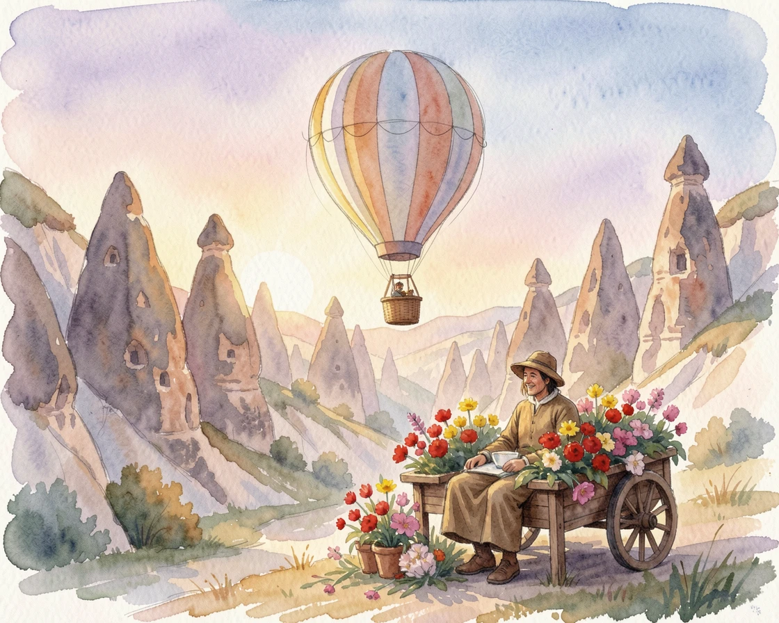 A hot air balloon rising over a valley of fairy chimneys at sunrise with a local vendor selling fresh flowers.
