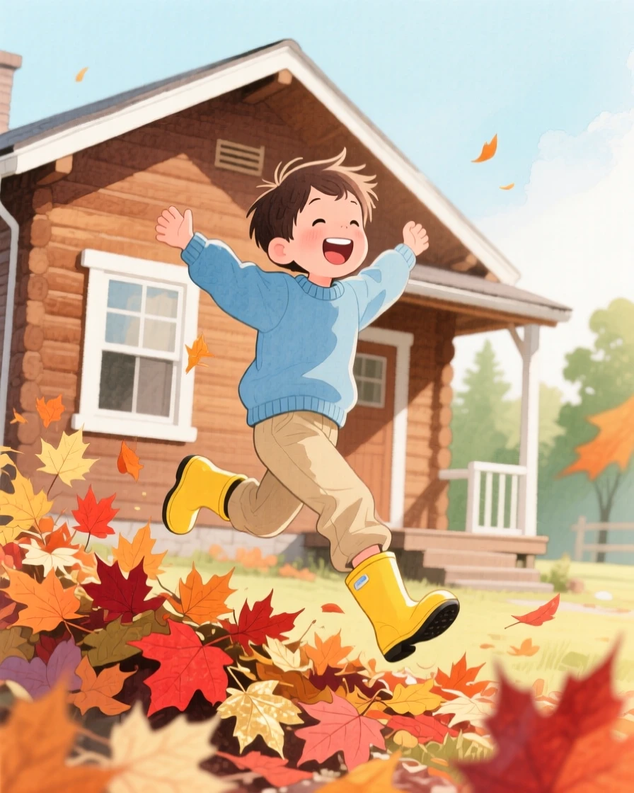 A young boy in rain boots jumps through piles of autumn leaves beside a family cabin, laughter and joy filling the warm afternoon air
