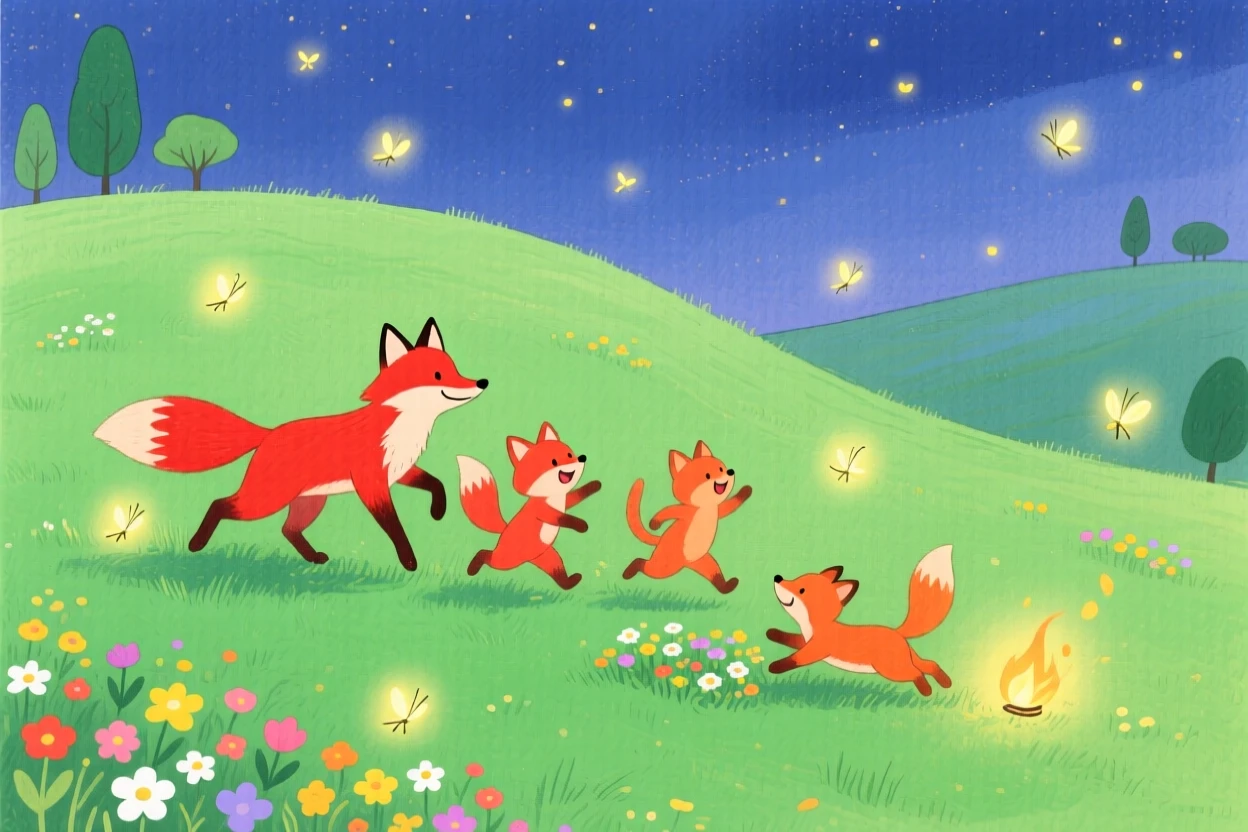 A family of red foxes playing joyfully in a rolling green hillside as fireflies begin to glow.