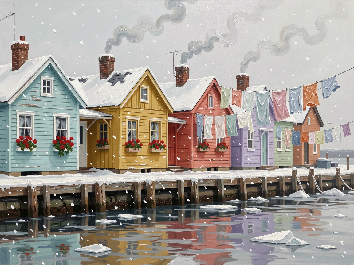 During a light snowfall, smoke curling from chimneys, a row of colorful fishing cottages along a harbor, with window boxes overflowing with red geraniums, laundry strung between buildings overhead.