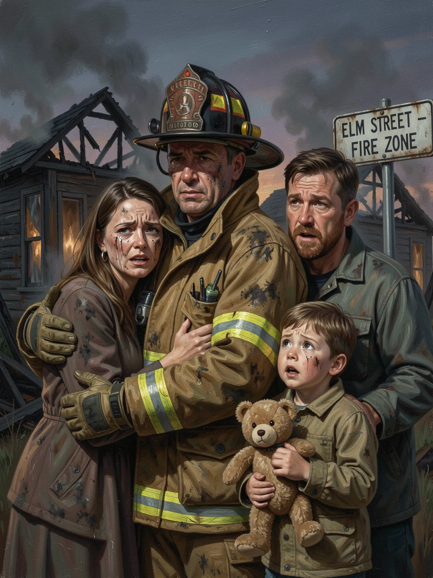 A firefighter comforting a family after saving their home from a blaze, with emotion and triumph radiating clearly from every face, offering a genuinely moving and unforgettable emotional moment