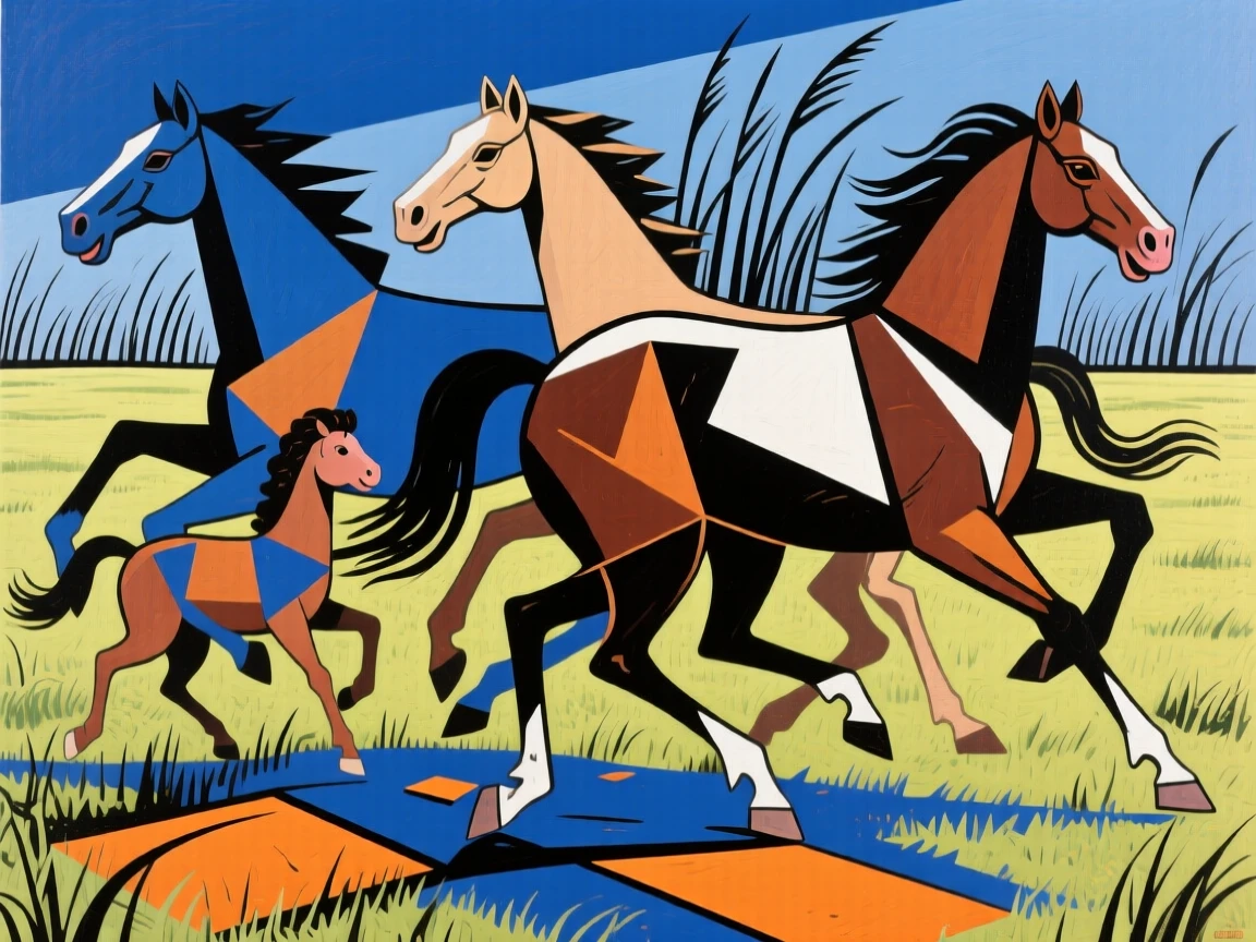 A family of wild horses galloping freely across an open grassland.