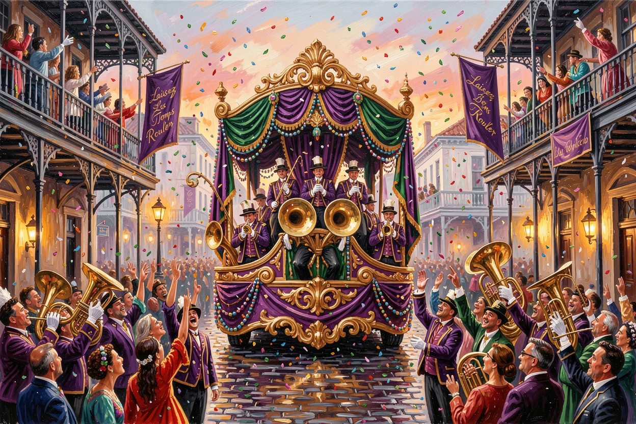 A vibrant Mardi Gras parade rolls through New Orleans streets, beads flying from ornate floats as brass bands play beneath balconies, the atmosphere charged with music, movement, and a shared sense of celebration.