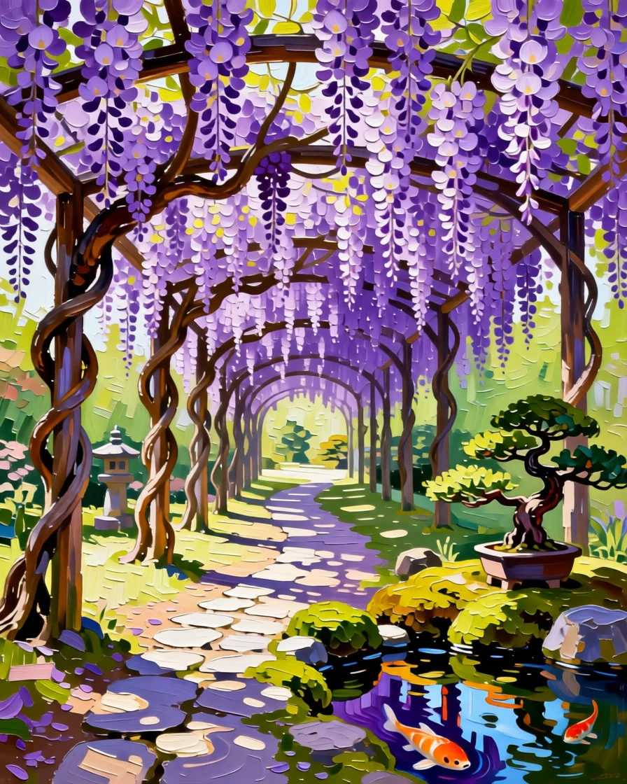 A row of blooming wisteria tunnels dripping with lavender blossoms in a Japanese garden