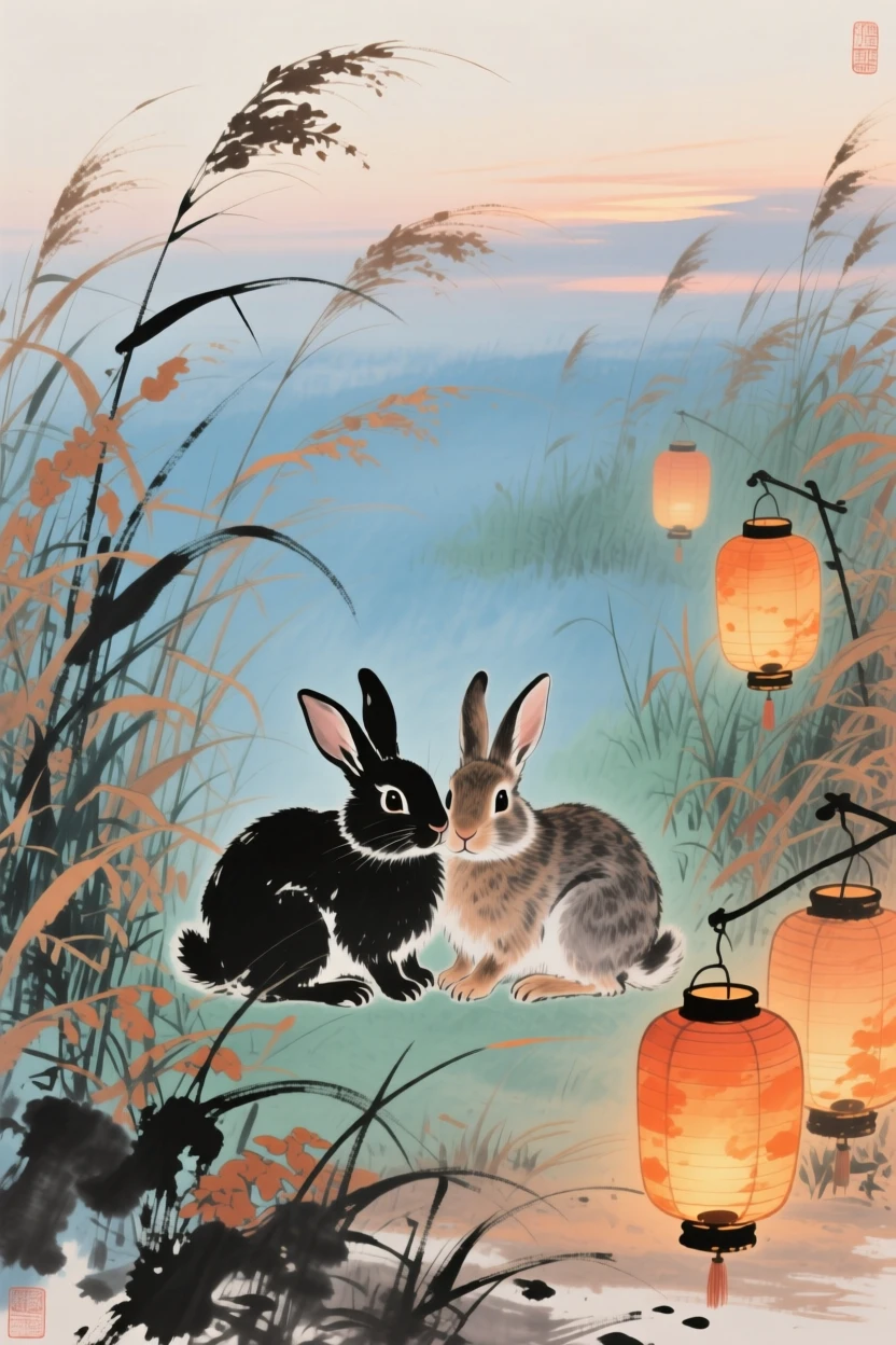 A pair of rabbits nestled among tall autumn grasses, as lanterns are lit for the evening.