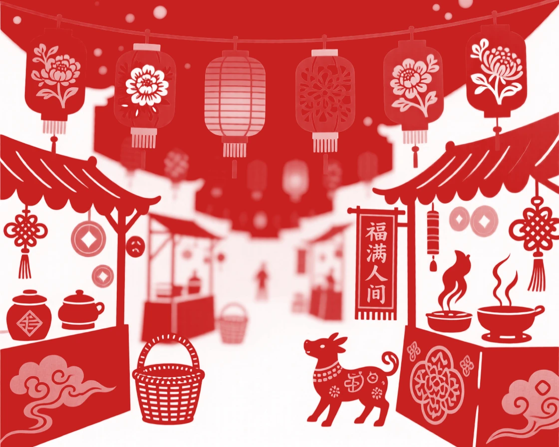 A scene of a lantern-lit night market, where red and gold decorations shimmer in the evening light, with red lanterns swaying gently overhead.