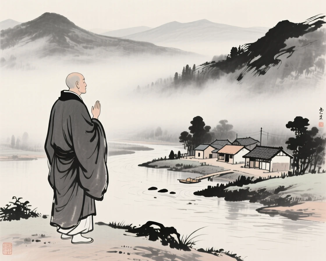 A robed monk gazing out over a misty valley in a small riverside village, framed intimately, focusing on quiet gesture and expression, conveying quiet devotion and simple contentment.