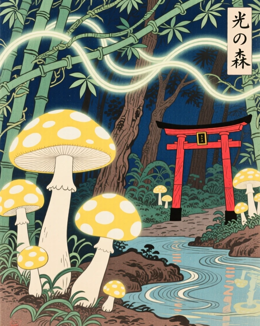 A forest of oversized glowing mushrooms, beneath a canopy of luminous vines.