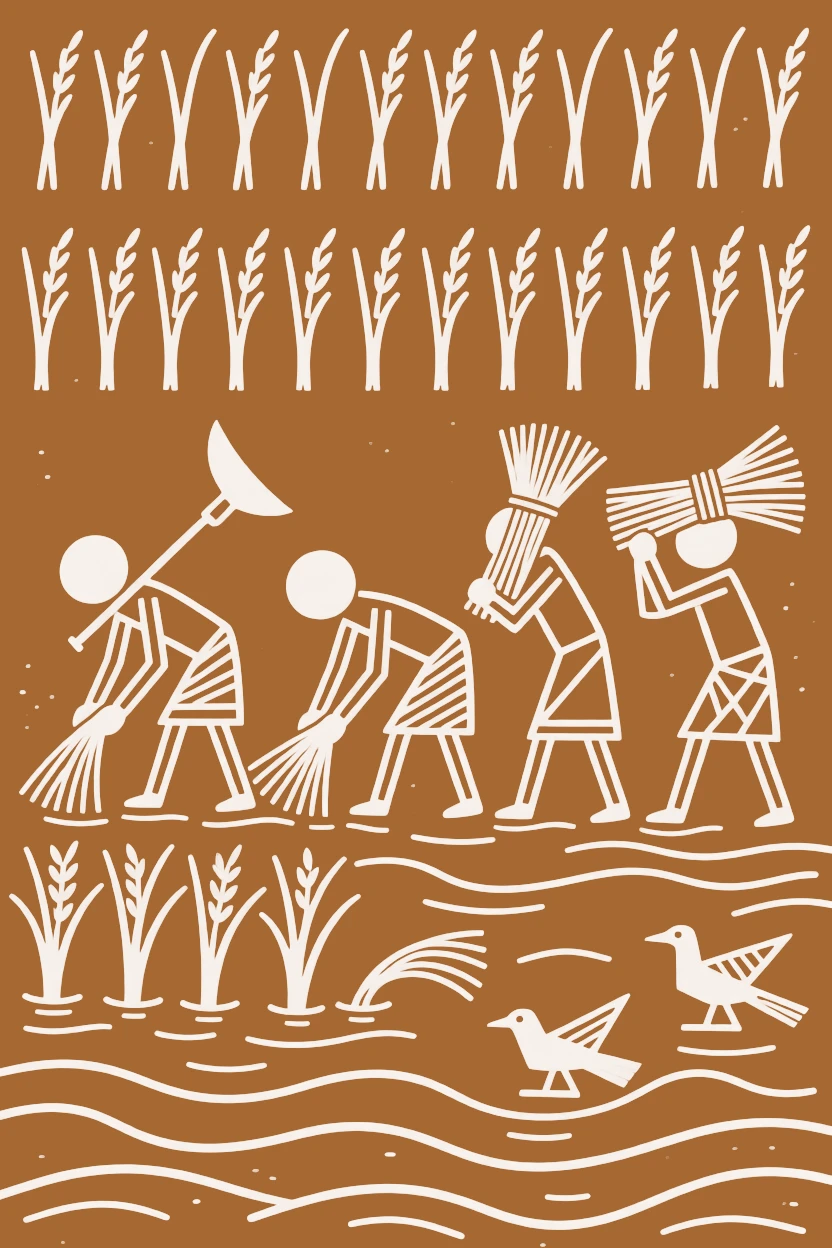 A group of harvesters working together in a flooded rice paddy.