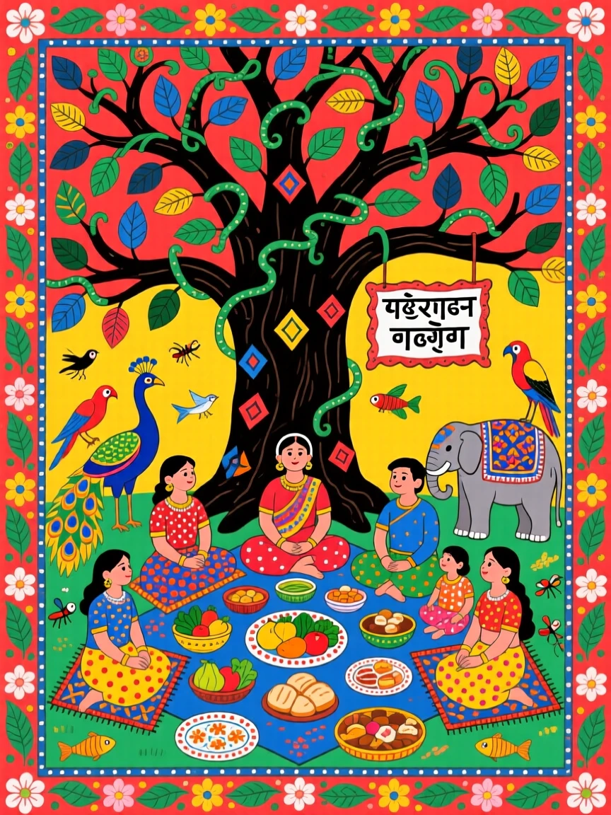 A family reunion feast spread beneath a grand old oak tree.