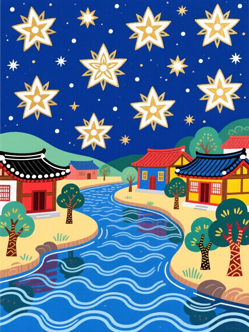 A quiet riverside town, beneath a sky full of stars.