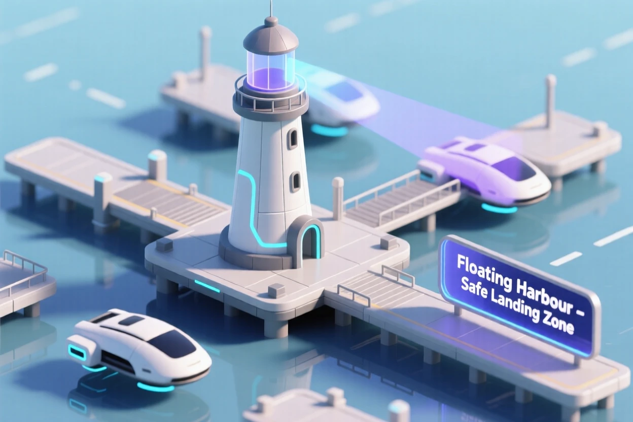 A futuristic lighthouse projecting a beam of holographic light to guide hovercraft safely into a floating harbor.