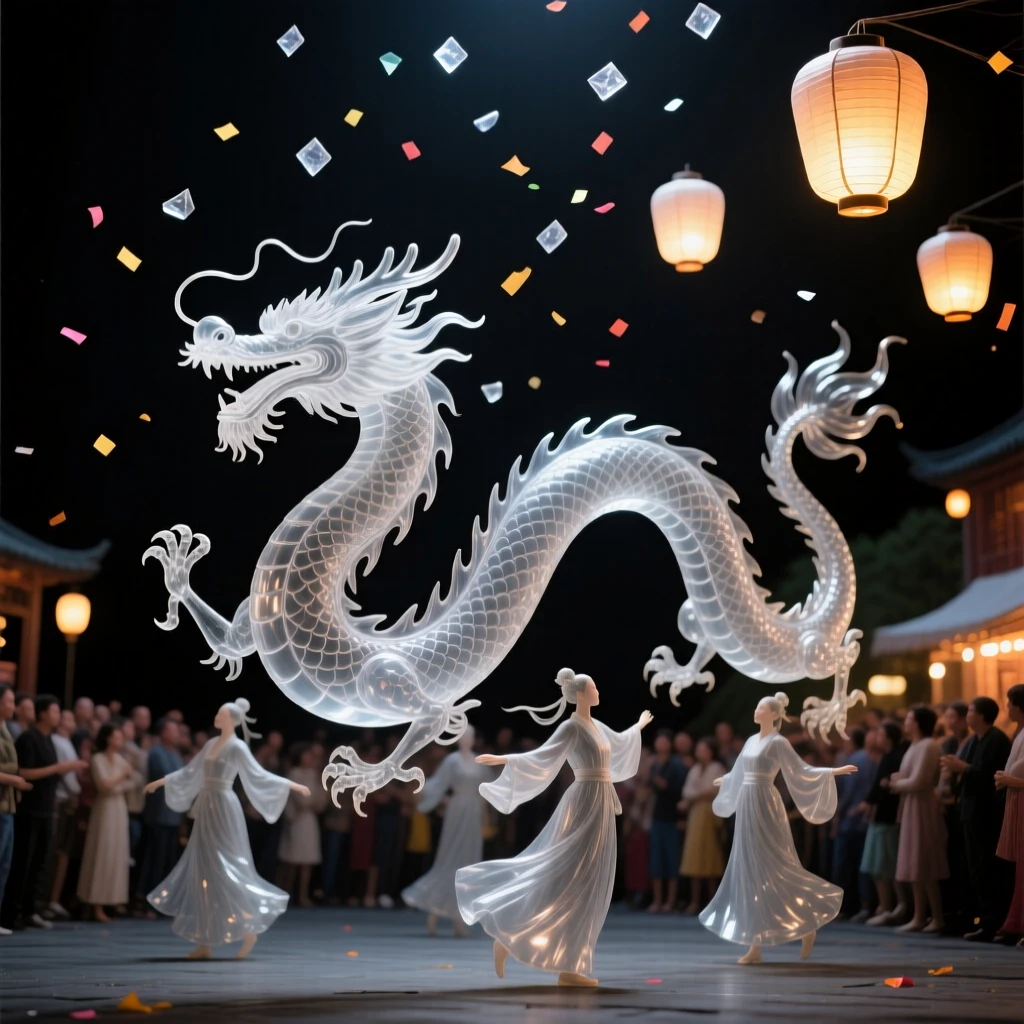 As confetti drifts through the air above the crowd, a dragon dance winding through a crowded street festival, while lanterns rise slowly into the night sky