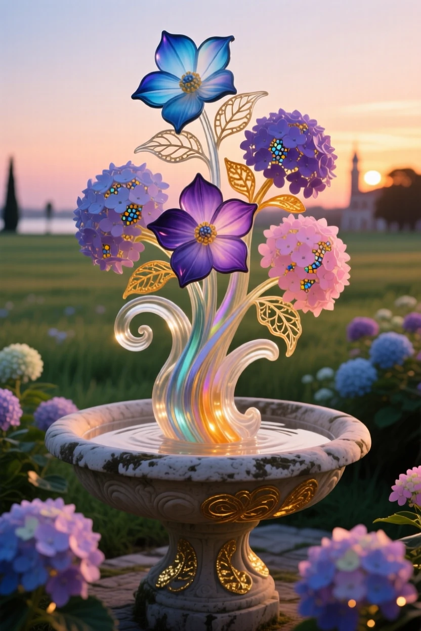 A field of blooming hydrangeas surrounding an ancient stone fountain at dusk, lush and tranquil.