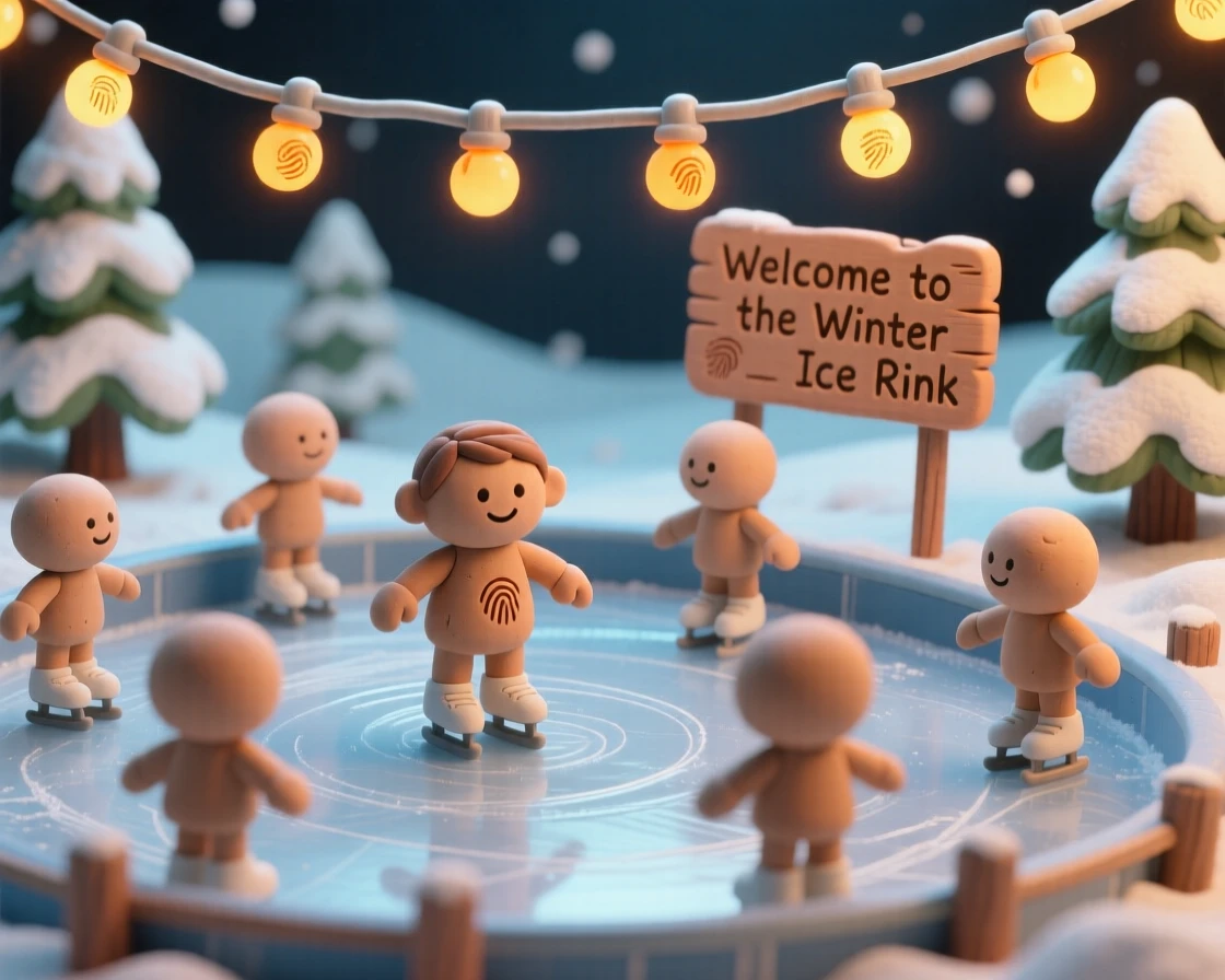 A winter ice skating rink glowing beneath festive string lights