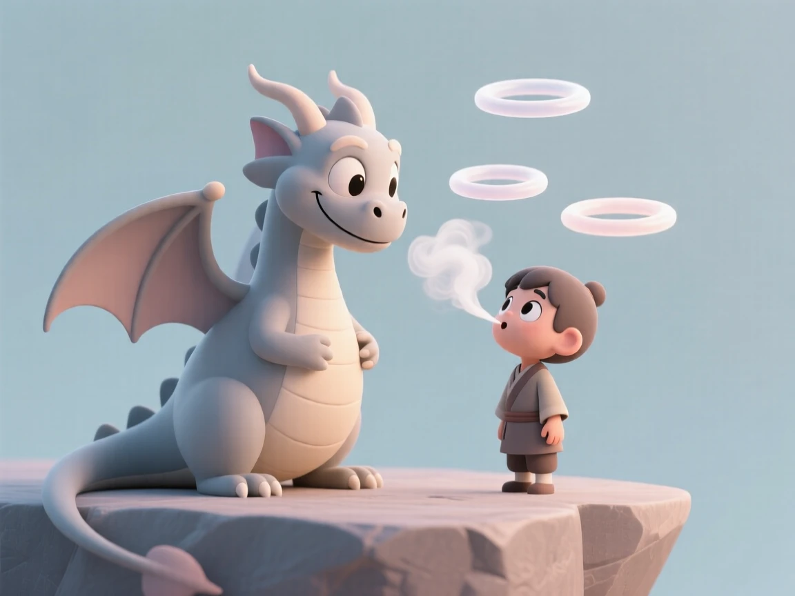 A gentle old dragon teaches a young apprentice how to breathe a controlled, gentle puff of smoke rings.