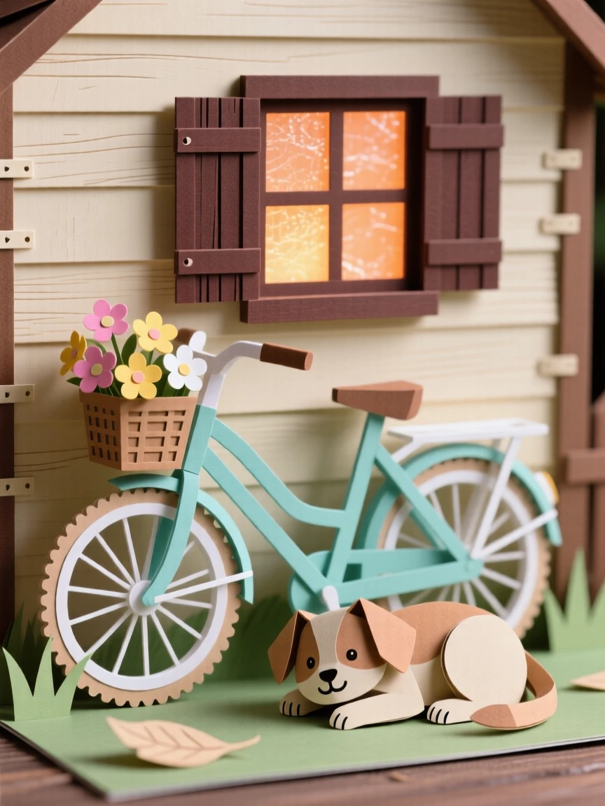 A flower-covered bicycle leaning against a cottage wall glowing warmly in the evening, with a content pet curled up close by, capturing quiet contentment.