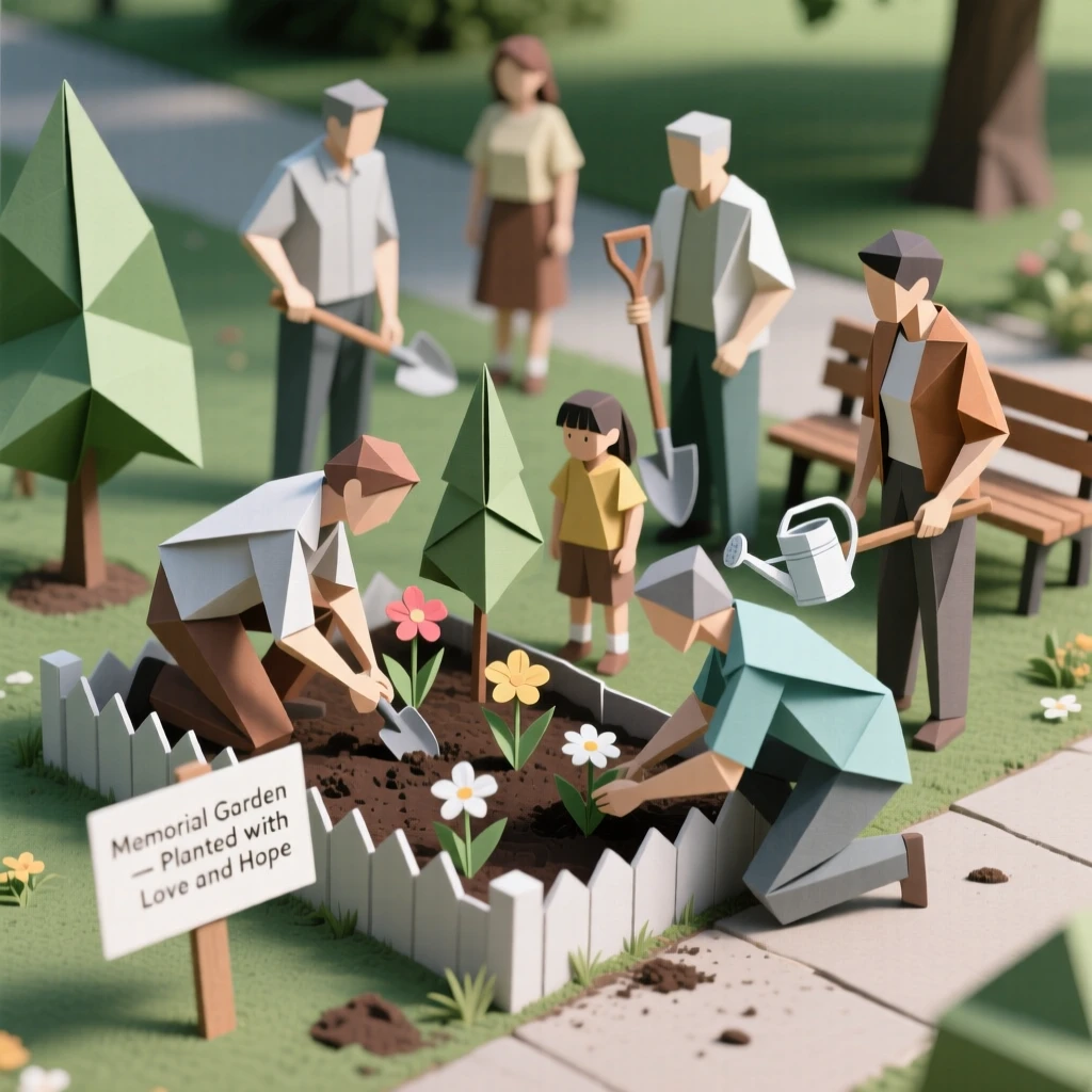 A community coming together to plant a memorial garden in a public park.