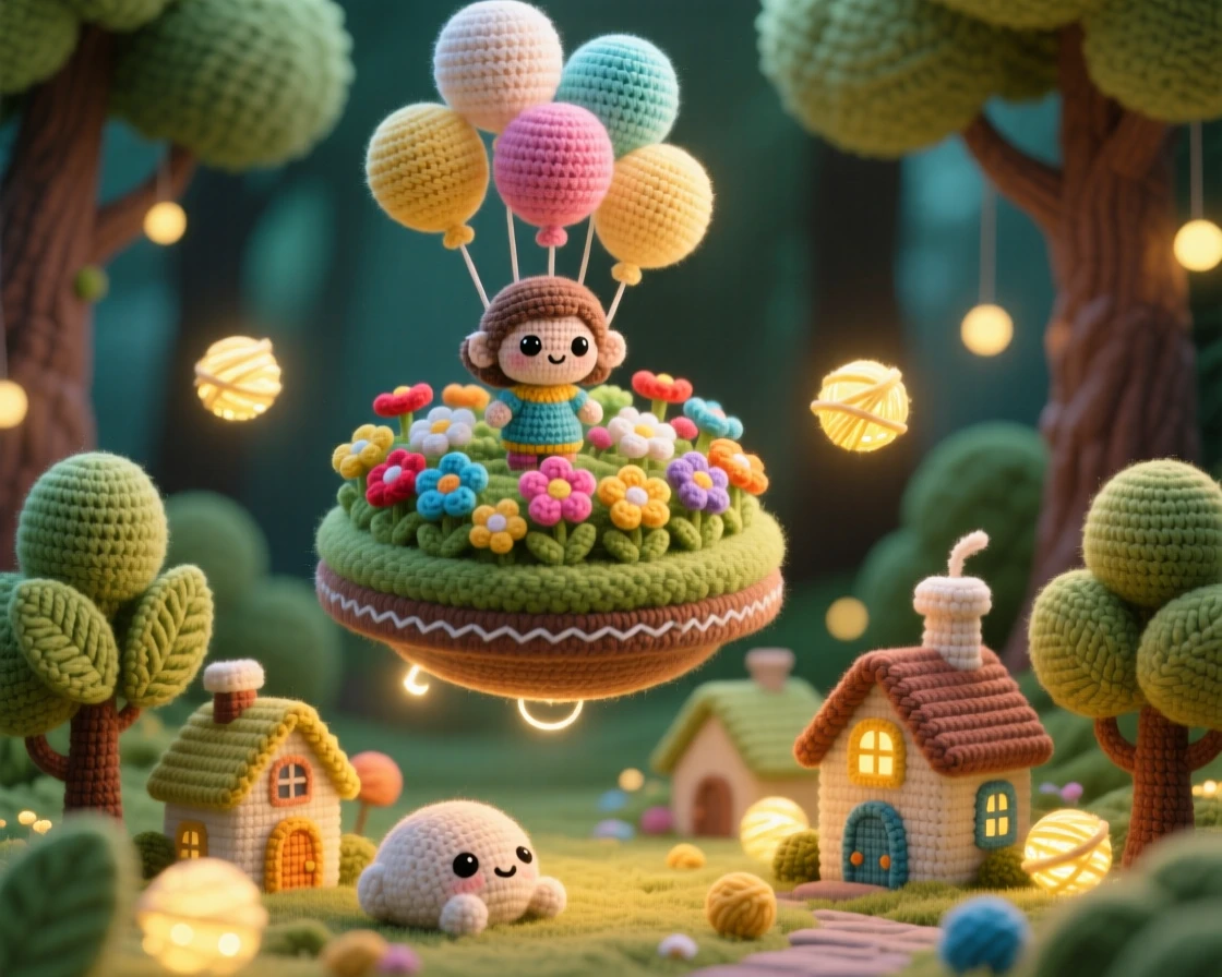 An imaginative scene of a small floating garden suspended by balloons overflowing with blooming flowers, drifting gently above a sleepy town nestled within a softly glowing forest; a scattering of tiny glowing lights nearby, full of playful imagination brought to life.
