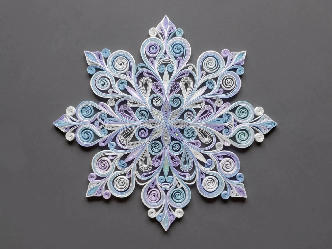 An elegant design featuring an intricate snowflake pattern with six-fold symmetry, flowing in soft organic curves throughout, with a subtle iridescent shimmer, centered on a soft charcoal grey surface.