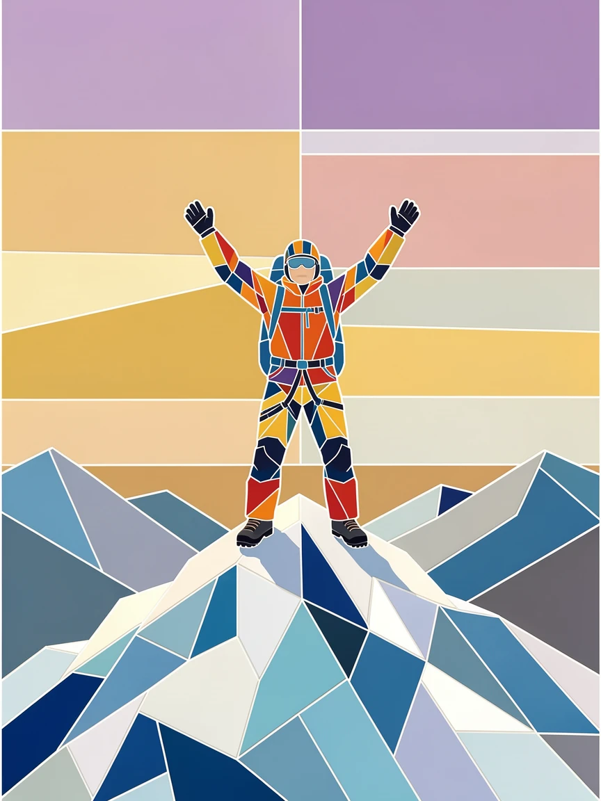 A mountaineer standing triumphantly atop a snowy peak at sunrise.