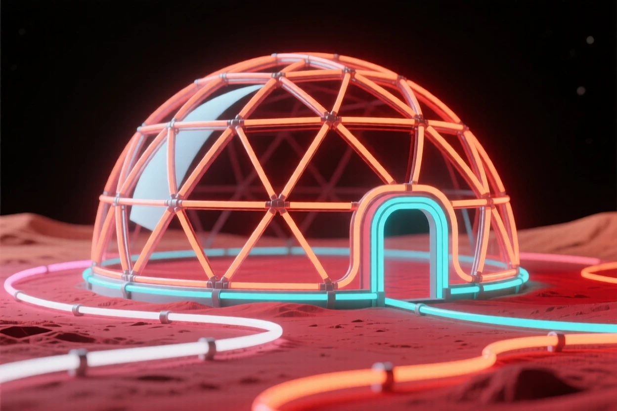 A colony dome standing on the red surface of Mars.