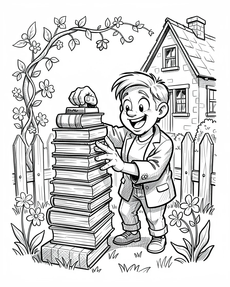 A librarian stamping a stack of books in a garden behind a cottage.