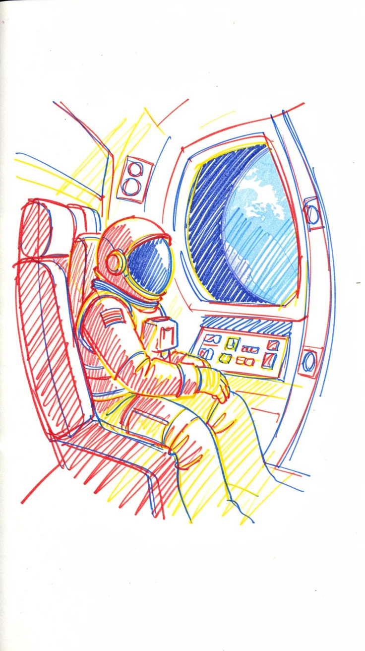 An astronaut gazing out a spacecraft window at a distant blue planet