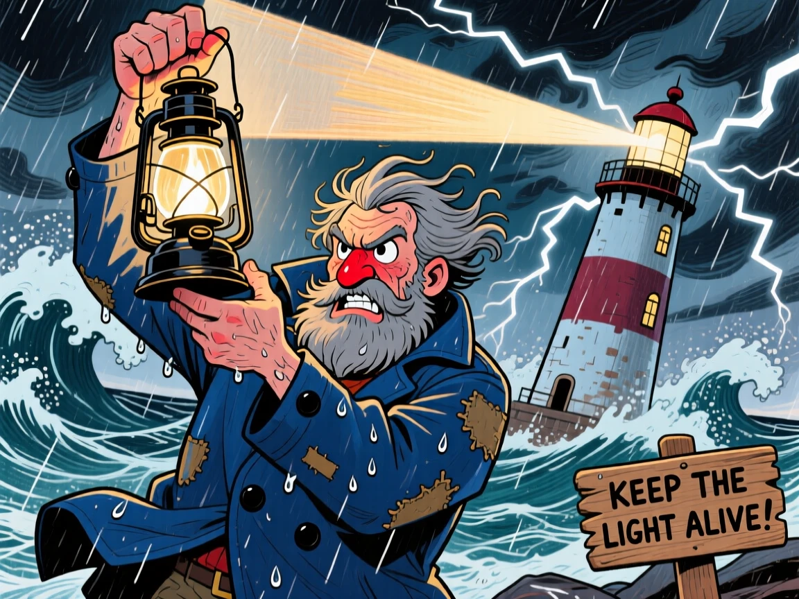 A brave lighthouse keeper battling a fierce storm to keep the beacon lit.