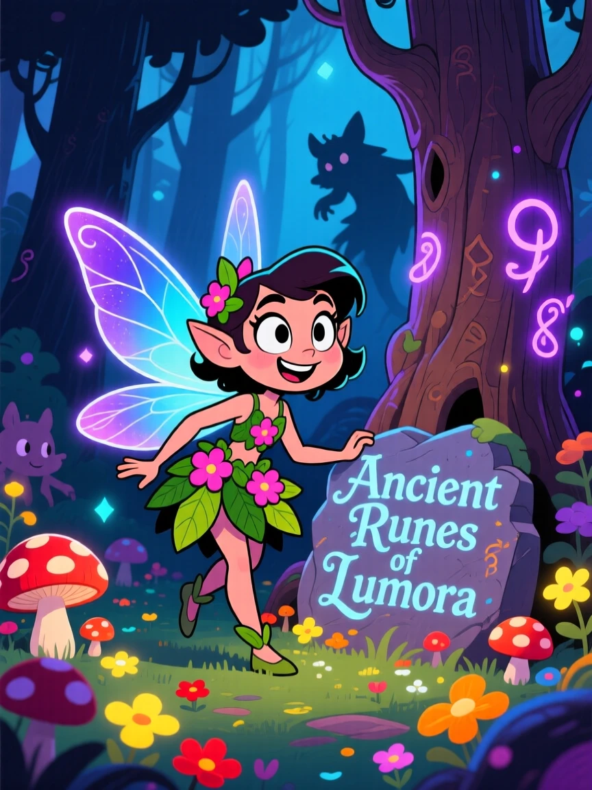 An imaginative fantasy scene of a mischievous fairy exploring a glowing enchanted forest, as ancient runes glow softly nearby.