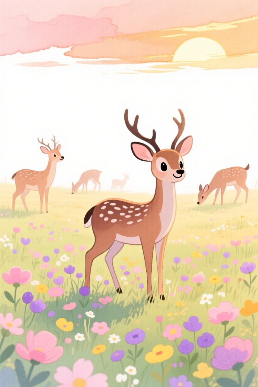 A serene landscape of a meadow of wildflowers dotted with grazing deer at golden sunset