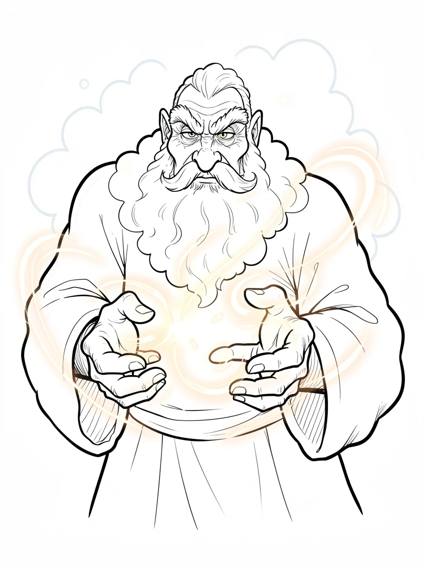 [Fantasy & Imaginative Scenarios] Imaginative fantasy scene of an ancient cloud giant casting a spell of shimmering light, brimming with wonder