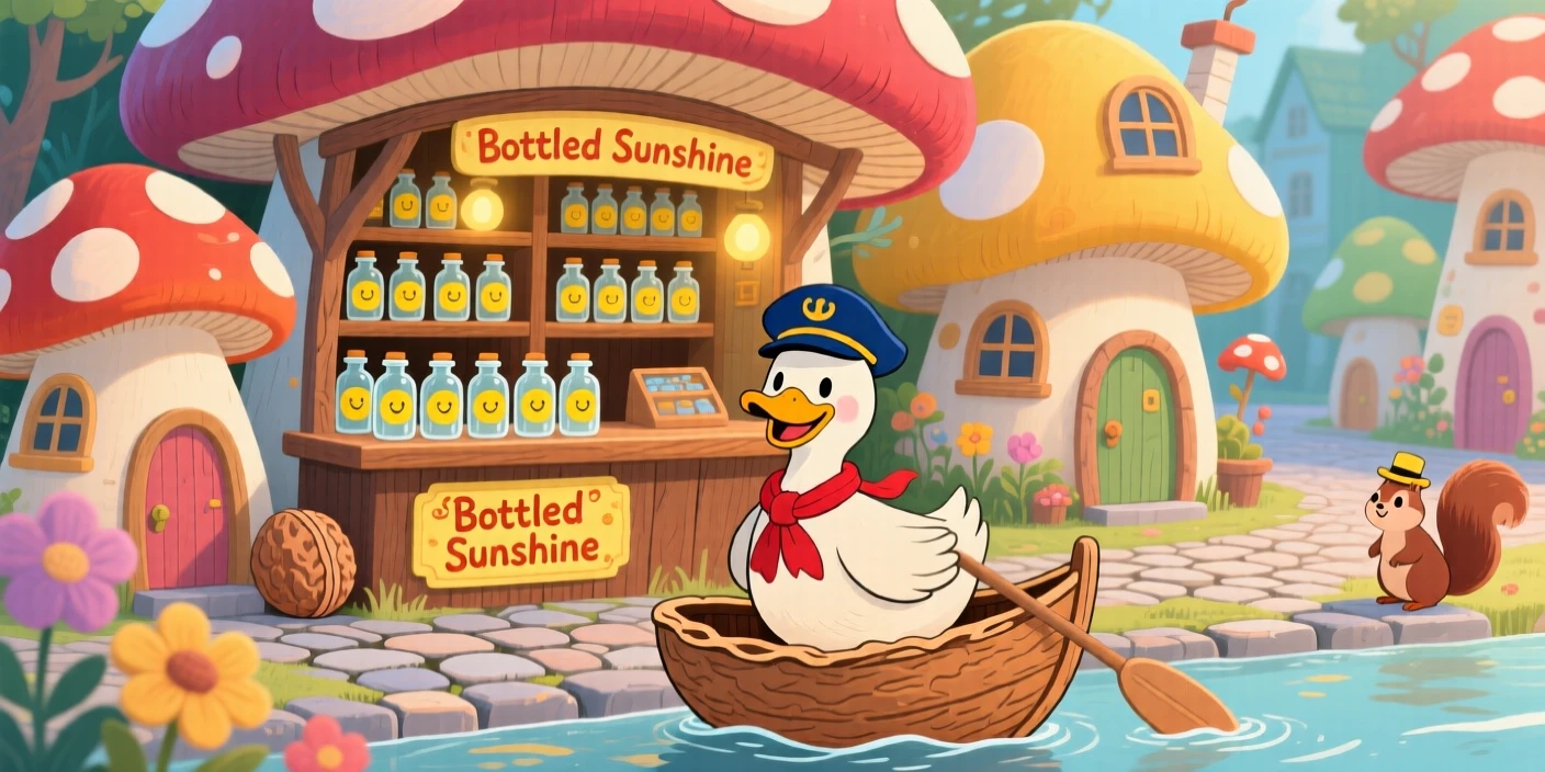 A duck who sails a walnut-shell boat is keeping a shop that sells bottled sunshine in a neighborhood of mushroom-cap houses, with everything slightly too big or too small in a charming way.