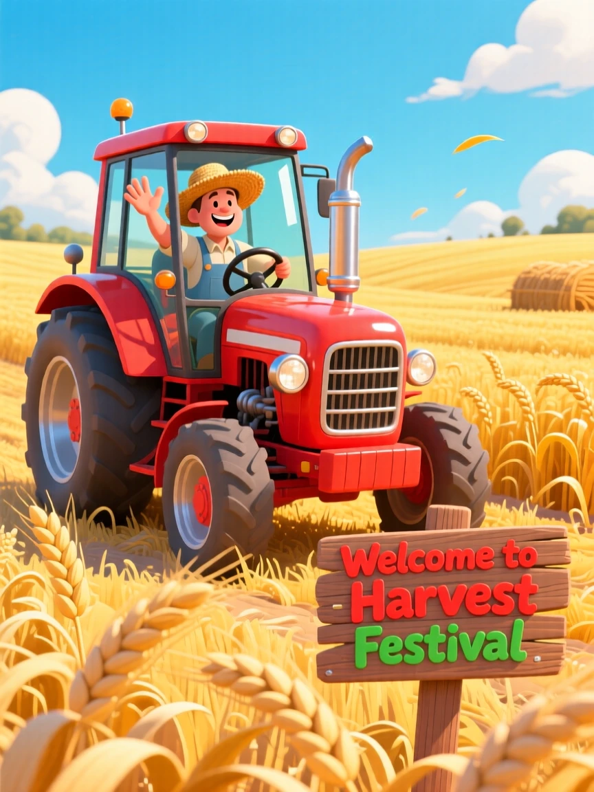 A tractor rolling through golden wheat fields at harvest time.