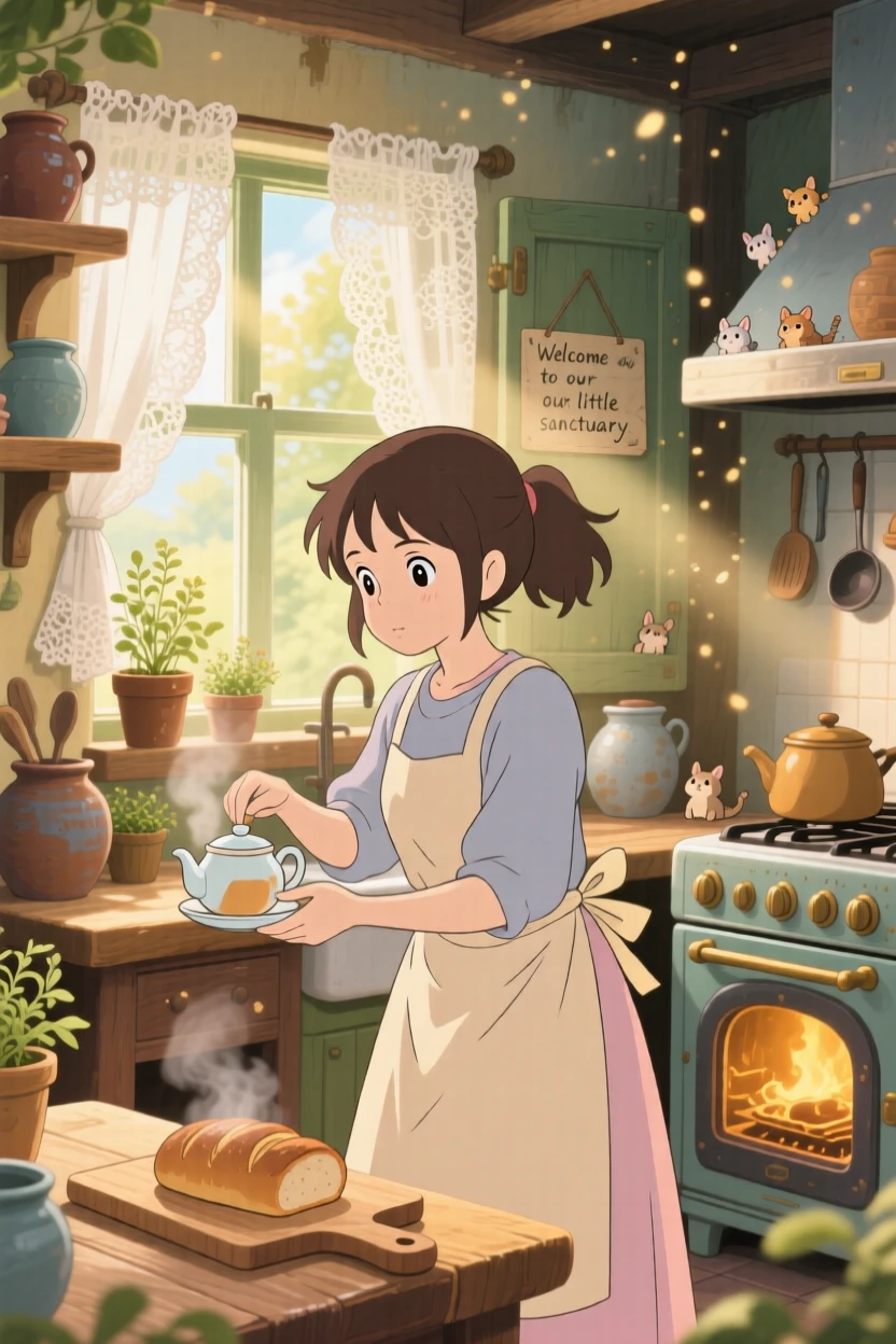 A woman brewing tea in a sunlit kitchen, the smell of fresh bread drifting from the oven, the whole scene feeling full of homely charm.