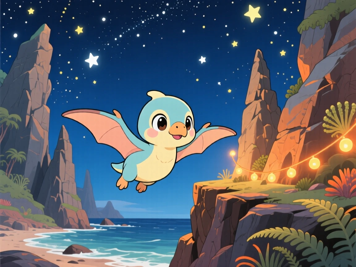 A baby pterodactyl learning to glide between rocky cliffs in a dramatic prehistoric coastline under a starry midsummer night sky; warm fairy-light glow washes over the scene as quiet contentment fills the moment. Full-body shot.