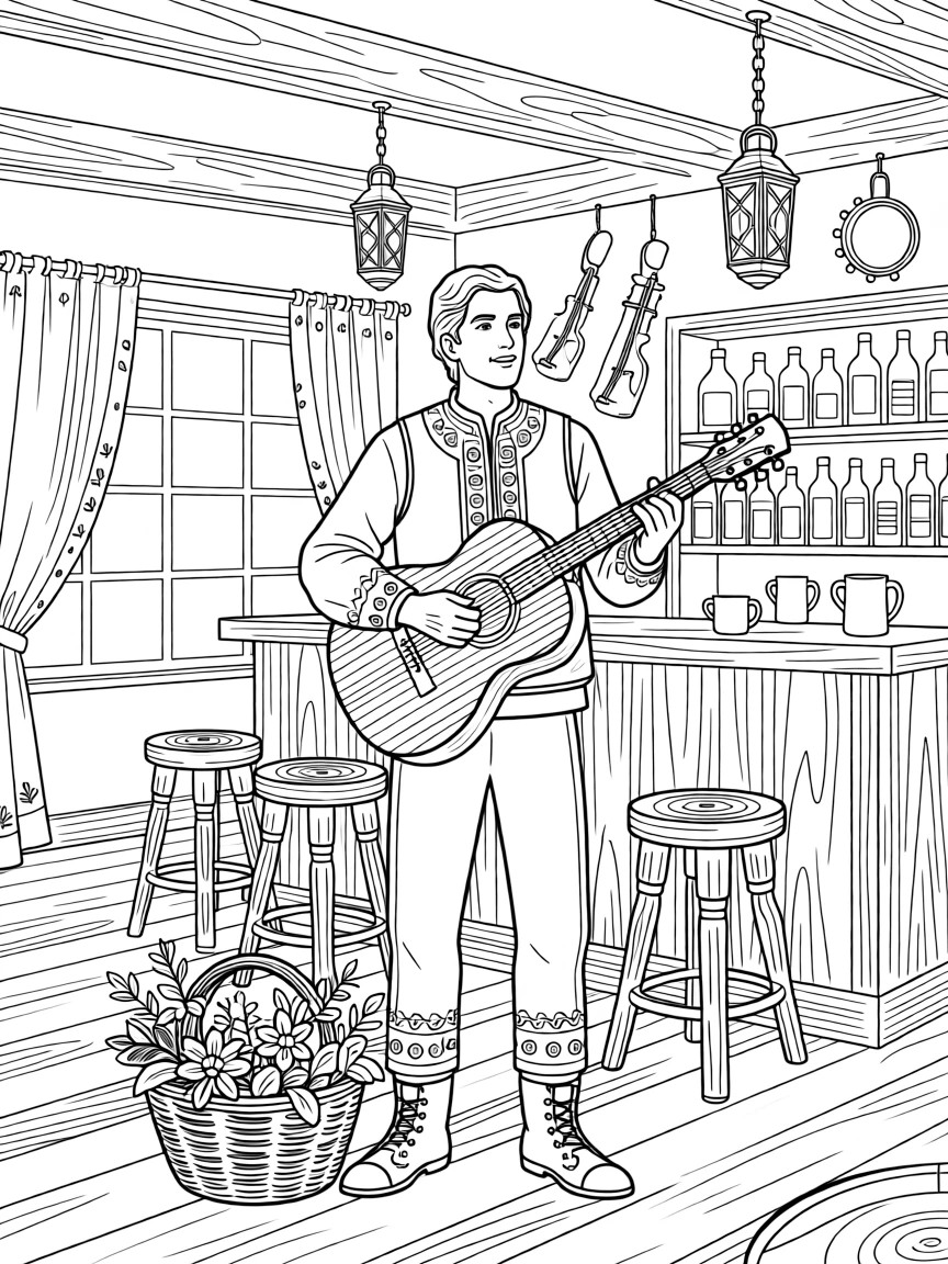 A folk singer performing in a lantern-lit tavern.