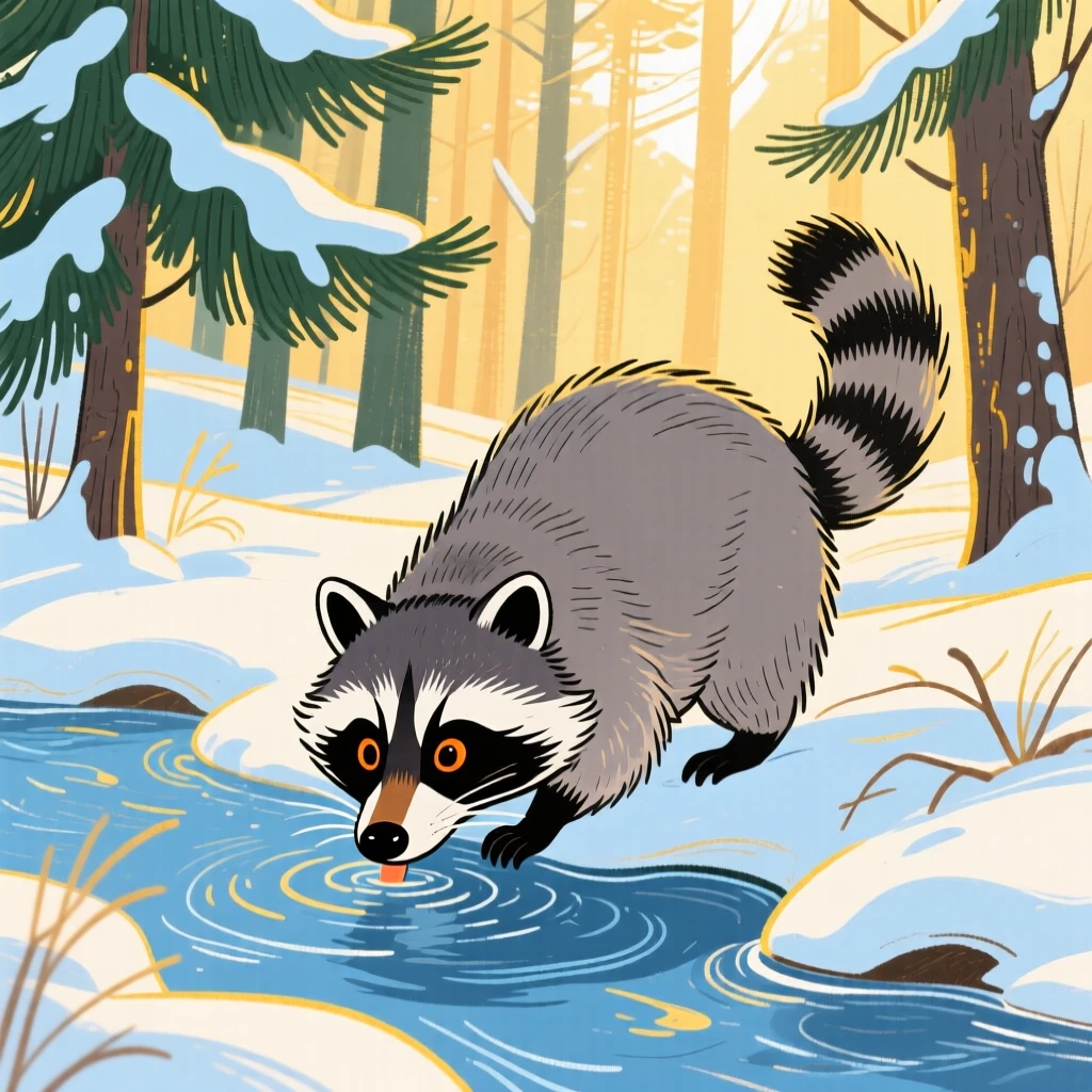 A curious raccoon drinking from a stream in a snowy pine forest during golden hour.