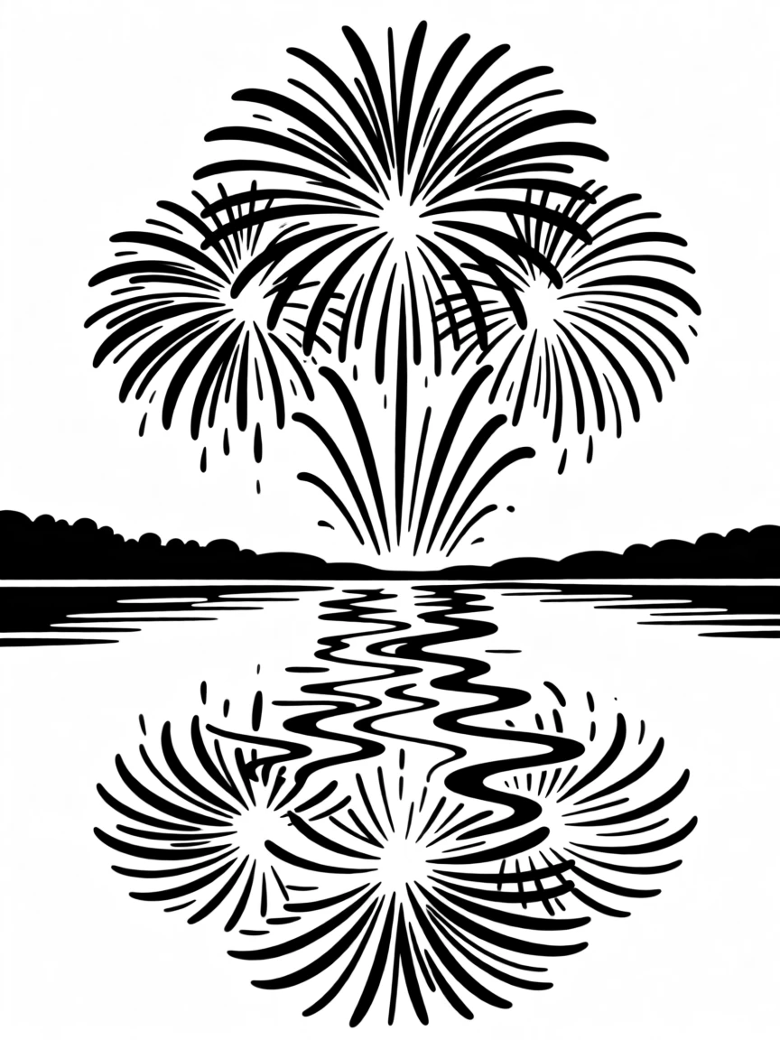 A summer fireworks show reflecting on a calm lake.